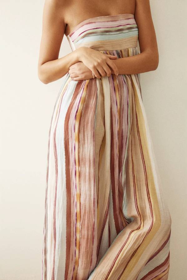 Watercolor Stripe Textured Strapless Maxi Dress