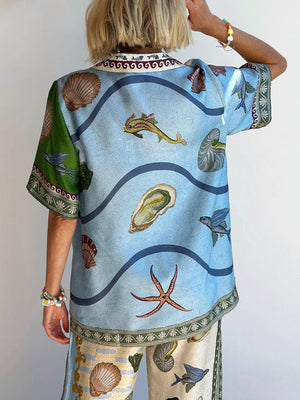 Chemise ample à imprimé floral unique des profondeurs marines