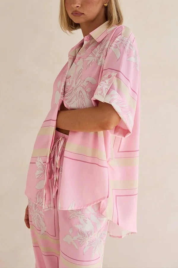 Fashionable Plant Print Loose Lapel Short Sleeve Shirt and Casual Elastic Waist Pocket Pants Set