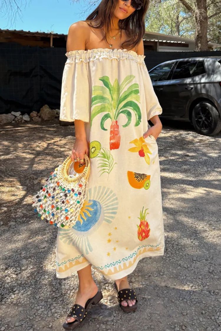 Sunveil Linen Blend Unique Print Puff Sleeve Pocket Strapless Maxi Dress Beige