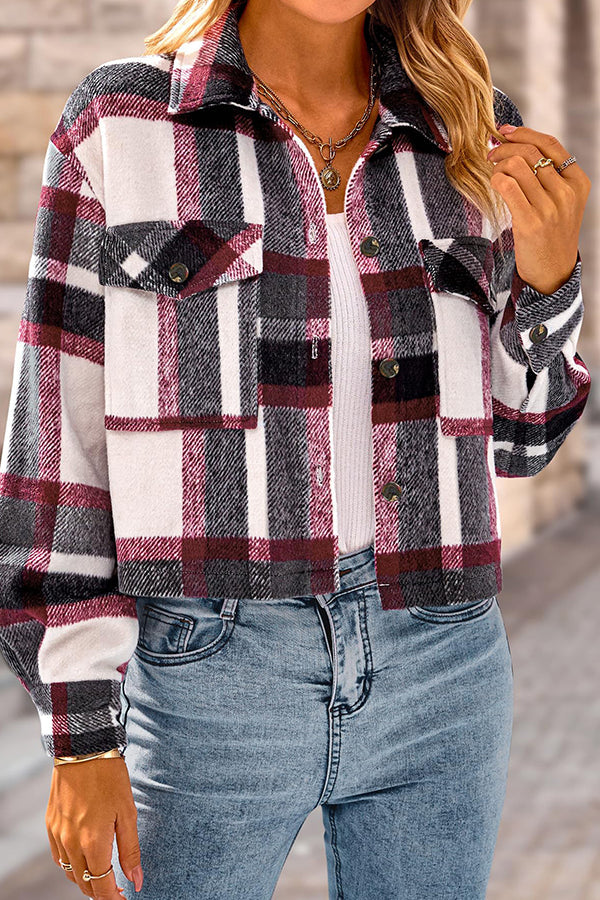 Lapel Pocket Fashion Casual Cropped Ladies Plaid Jacket Black