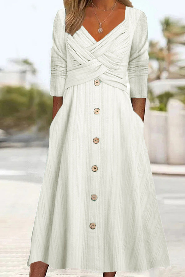 Solid Color Long Sleeve V Neck Cross Button Casual Dress White
