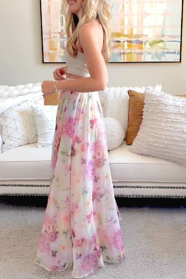 Sunflower Blossom Watercolor Chiffon Maxi Skirt in Pink