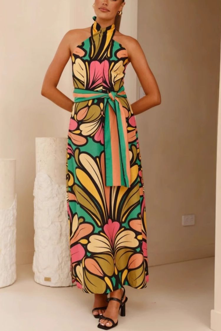 Unique Print Halter Neck Tie Backless Holiday Maxi Dress Multicolor