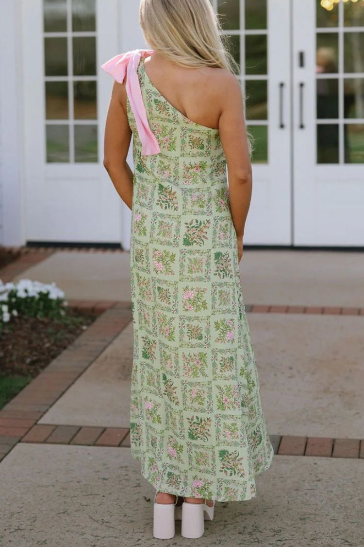 Garden Atmosphere Floral Print One Shoulder Pink Bow Loose Maxi Dress