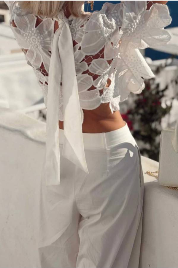 Exquisite Floral Lace Cutwork Crop Top & Wide-Leg Pants Two-Piece Set