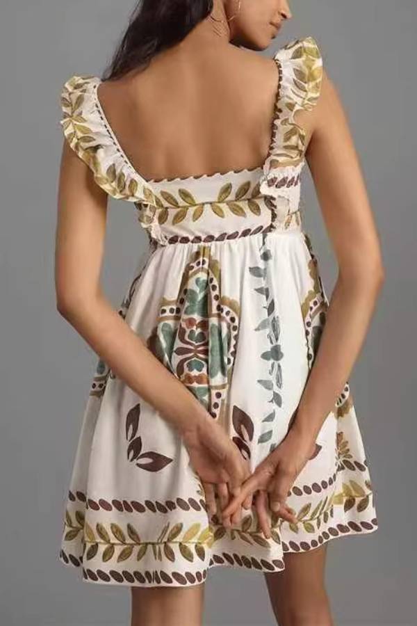 Vintage Botanical Print Ruffle Strap Mini Dress