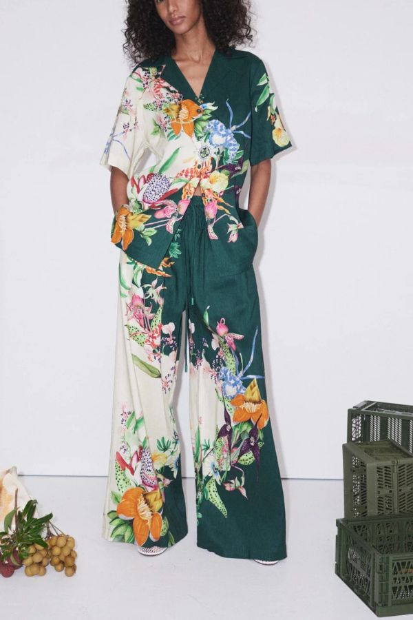 Island Linen Blend Unique Print Short Sleeve Loose Shirt and Elastic Waist Pocket Pants Set