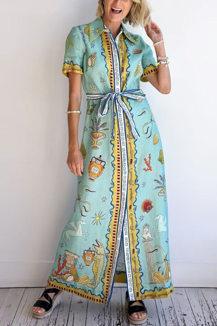Deep Sea Dreaming Linen Blend Unique Print Short Sleeve Tie-up Shirt Maxi Dress Blue