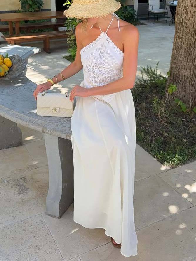 Halter Neck Backless Lace Top And Skirt Set-Top