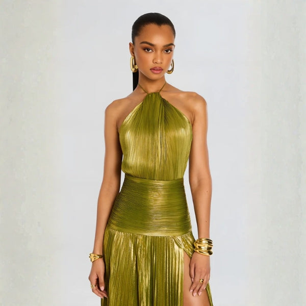 The Peridot Evening Draped Halter Maxi Dress