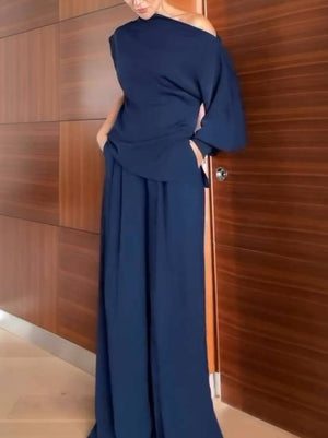 Off-shoulder Single-sleeve Shirt And Wide Leg Pants Suit-Pants