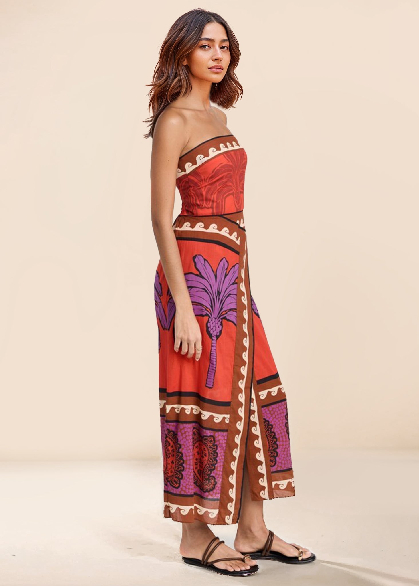 Unique – Schulterfreies Midikleid mit Palmen-Blumenmuster