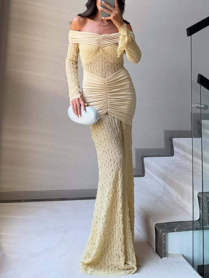 Elegant Lace Off-shoulder Pleated Maxi Dress
