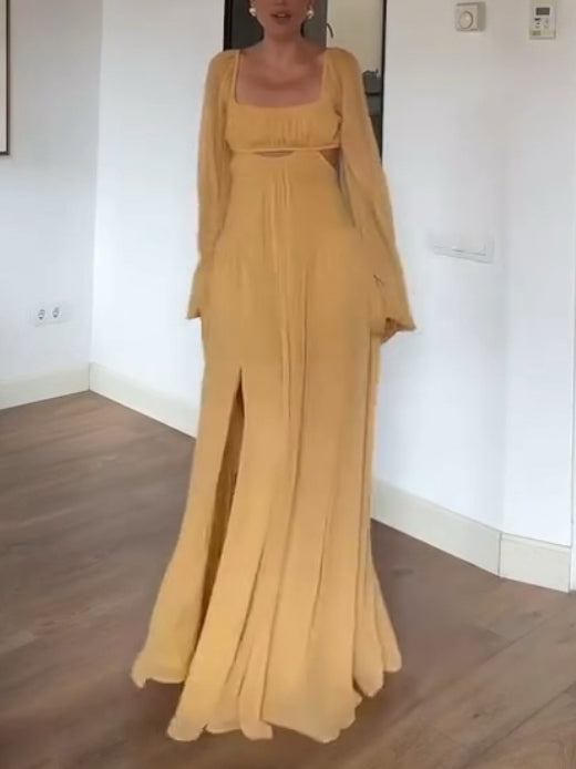 Vintage Maxikleid mit quadratischem Kragen und Hohldesign und langen Ärmeln