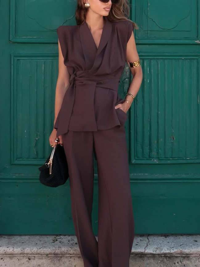 Lapel Waist Lace-Up Vest And Wide-Leg Pants Suit-Vest