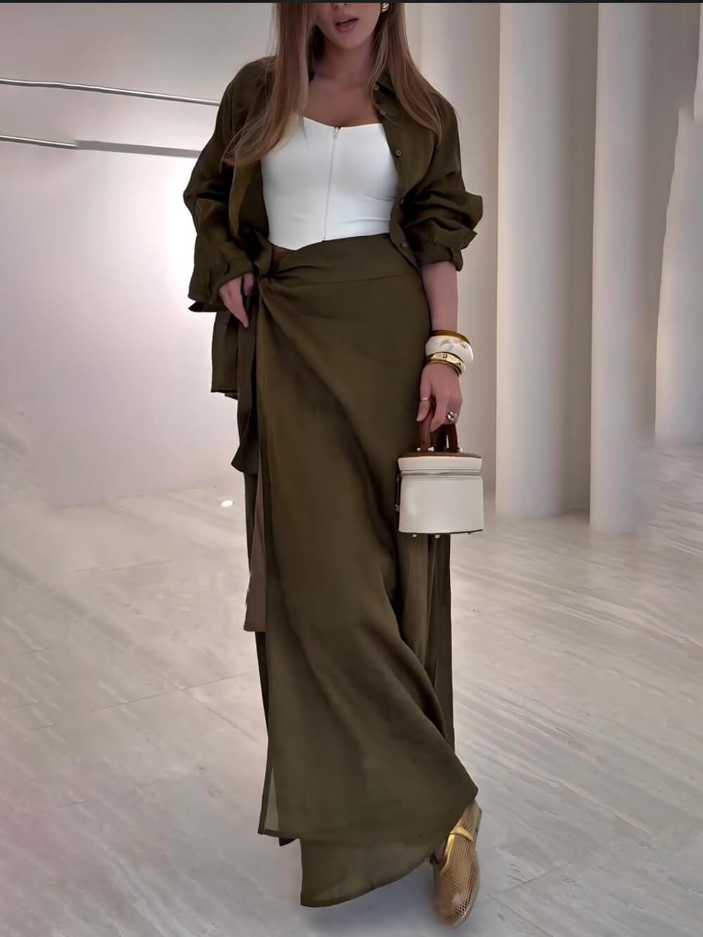 Jupe longue décontractée à fente haute et taille nouée aux tons rétro