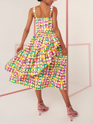 Rainbow Color Check Print Suspender Dress