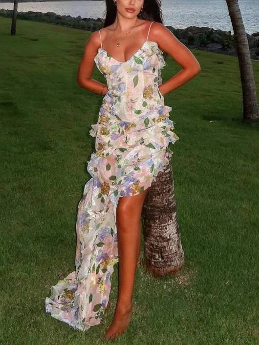 Robe à volants imprimée à bretelles