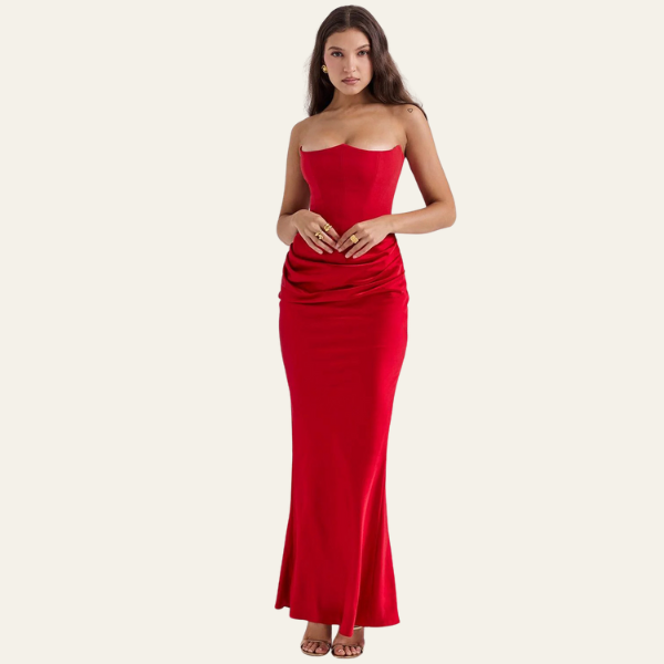 The Vienna Satin Draped Evening Maxi Strapless Dress
