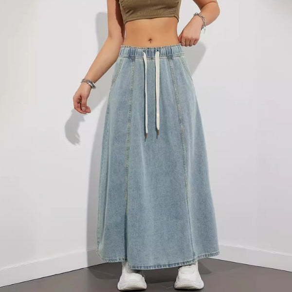 The Shoreline Drawstring Denim Maxi Skirt