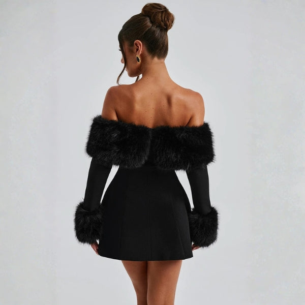 The Valentina Structured Off-Shoulder Faux Fur Mini Dress