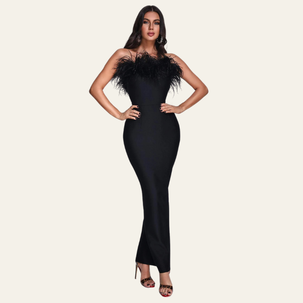 The St. Moritz Feathered Evening Maxi Strapless Dress