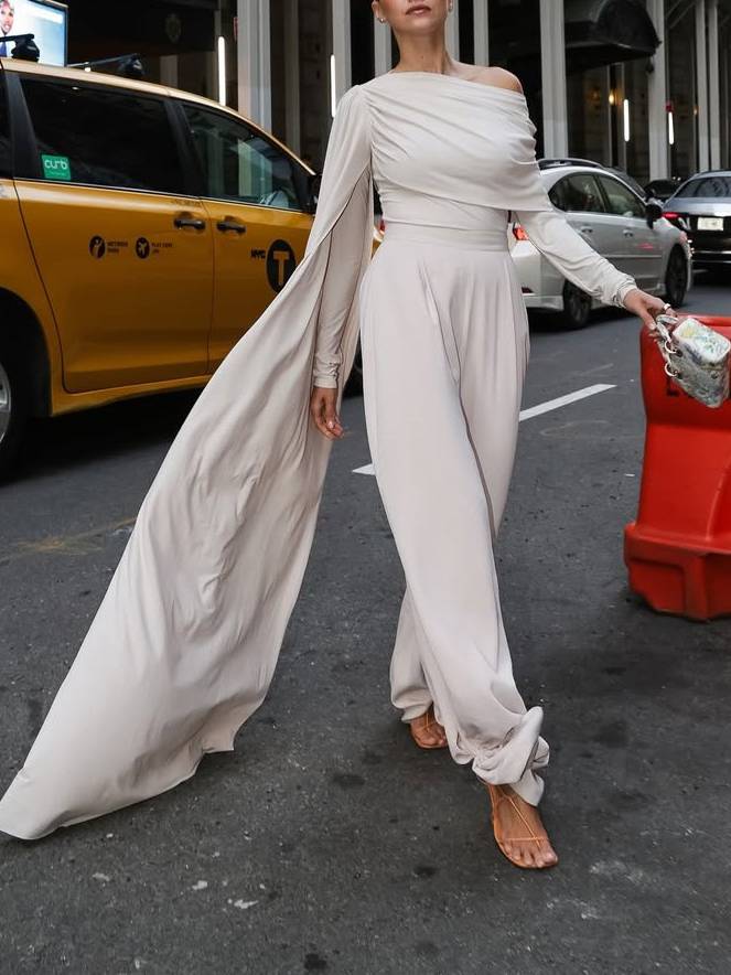 Pleated Ribbon Top And Pants Suit