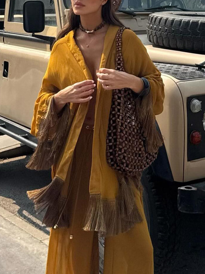 Elegant Palm Print Tassel Long-Sleeved Shirt