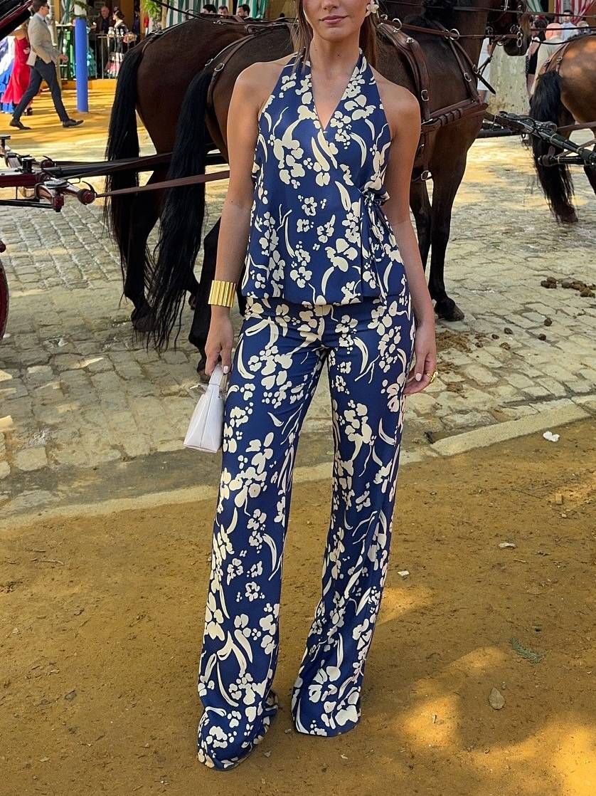 Printed Lace-Up Vest And Pants Suit-Pants