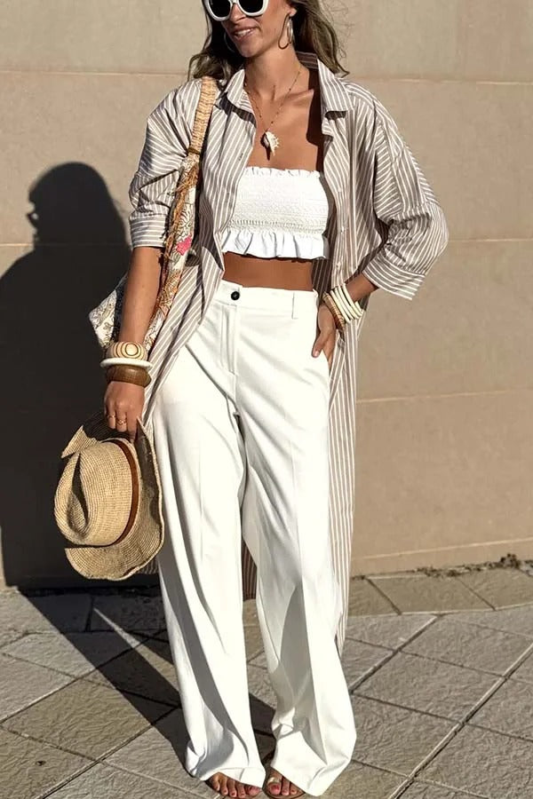 Robe chemise mi-longue boutonnée à rayures et manches mi-longues avec ceinture et poche