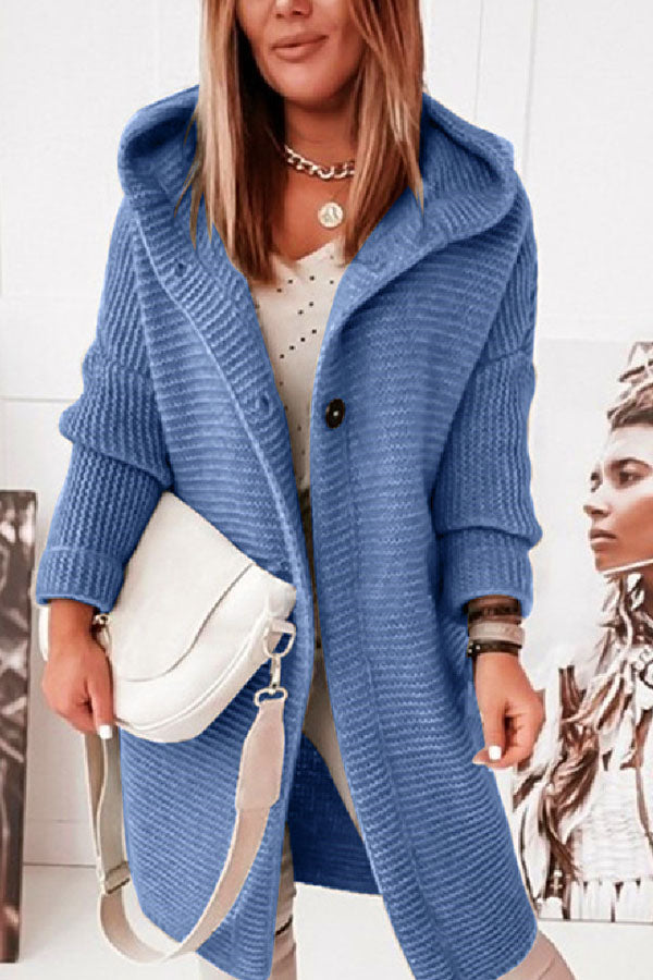 Hooded Knitwear Hood Collar Temperament Commuting Loose Cardigan Women's Sweater Blue