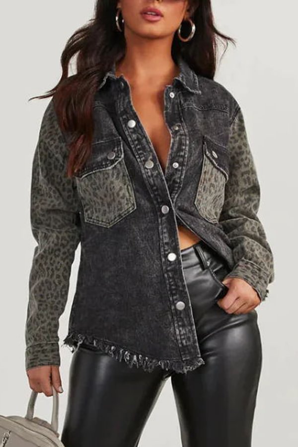 Adisse Contrast Leopard Print Pocket Button Denim Coat Black