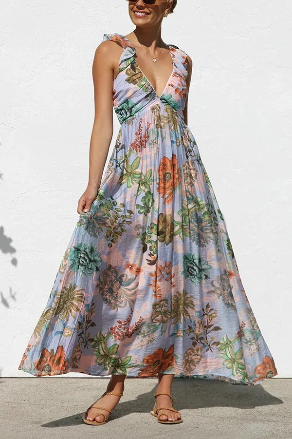 Unique Printed V-neck Ruffled Straps Pleated Back Maxi Dress Multicolor