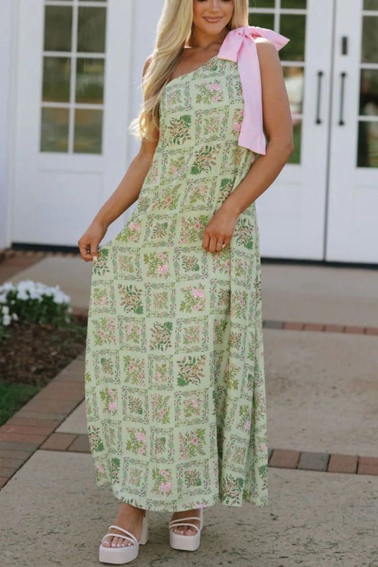 Garden Atmosphere Floral Print One Shoulder Pink Bow Loose Maxi Dress