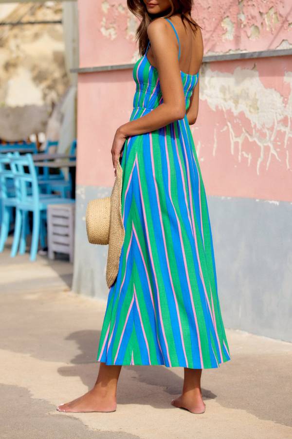 Gigi Linen Blend Stripe Elastic Bodice Pocket Loose Midi Dress