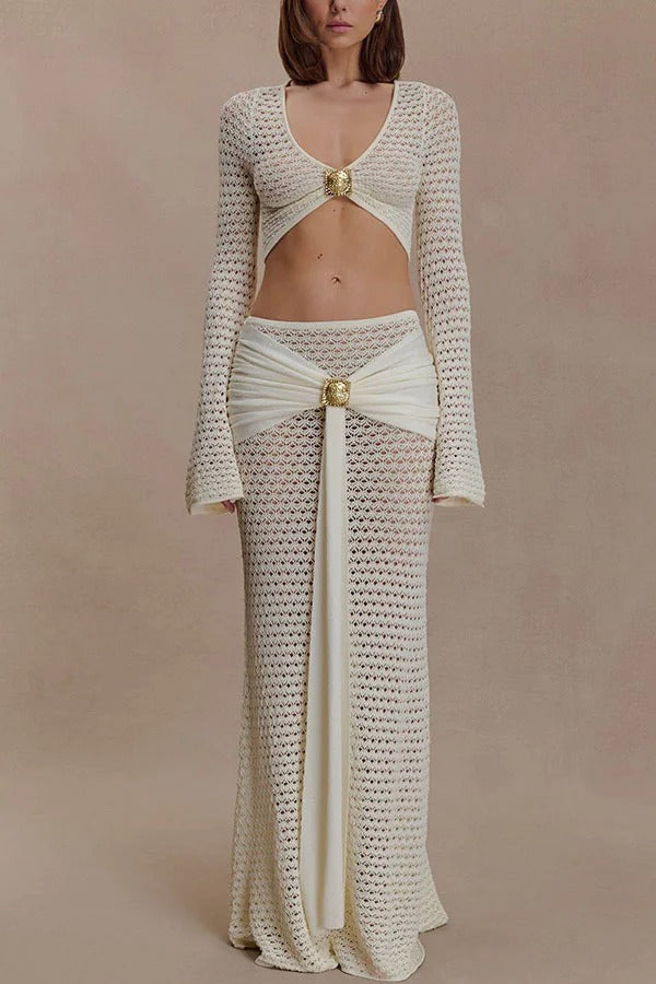 Mania Knit Hardware Detail Bell Sleeve Crop Top and Gathered Overlay Sash Stretch Maxi Skirt Set