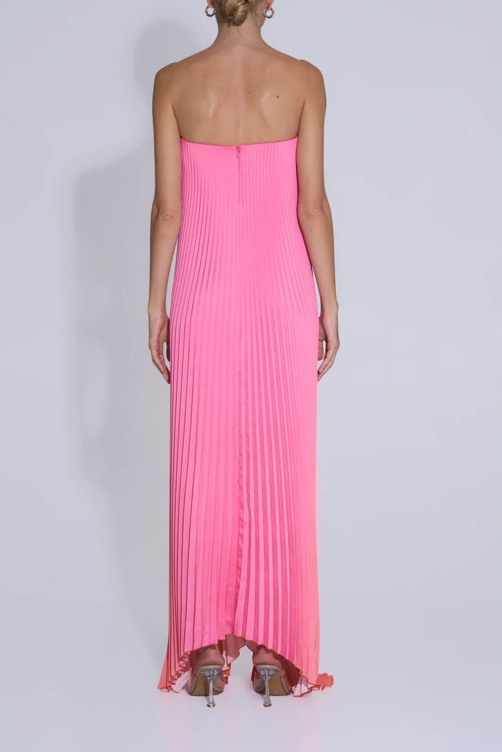 Strapless Notch Neck Ombre Pleated Maxi Dress