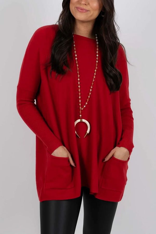 Winter Melodies Knit Crew Neck Front Pockets Oversized Sweater Red