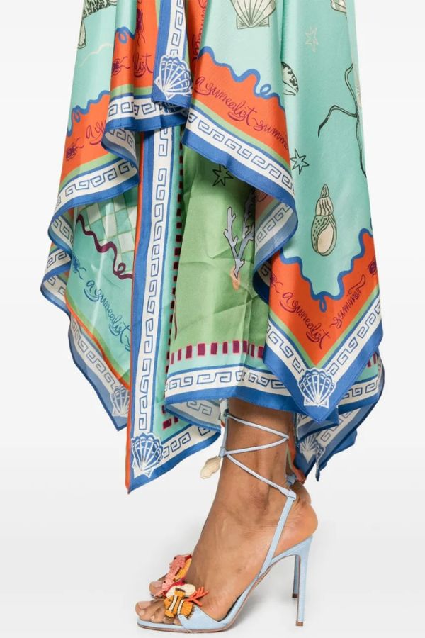 Surrealist Summer Satin Unique Print Tie-up Details Layered Hem Scarf Maxi Dress