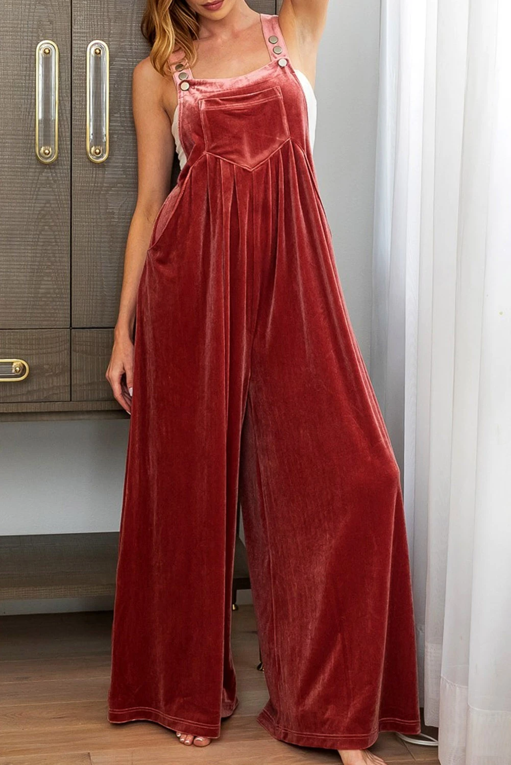 Ruby Solid Color Velvet Pleated Wide Leg Overall Ruby
