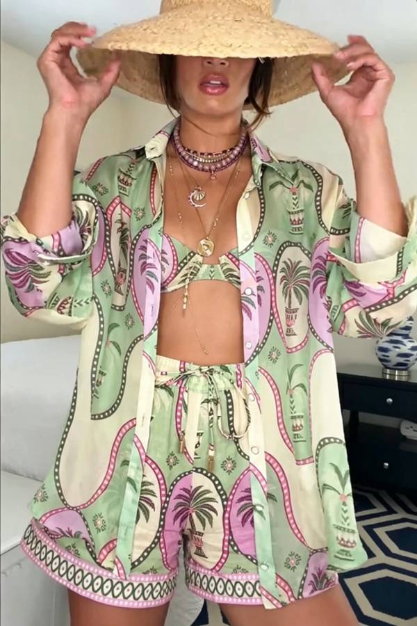 Tropical Style Linen Blend Unique Print Long Sleeve Shirt and Elastic Waist Pocket Shorts Set