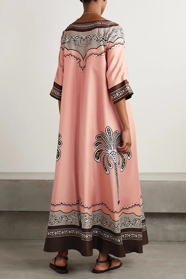 Satin Unique Print Casual V-neck Loose Holiday Maxi Dress