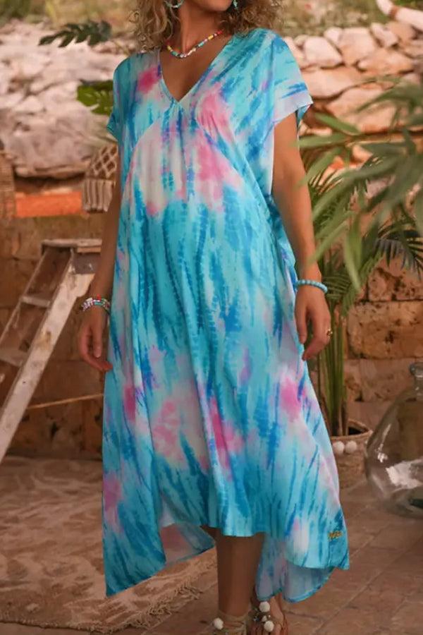 V-neck Tie-dye Printed Big Swing Dress Blue