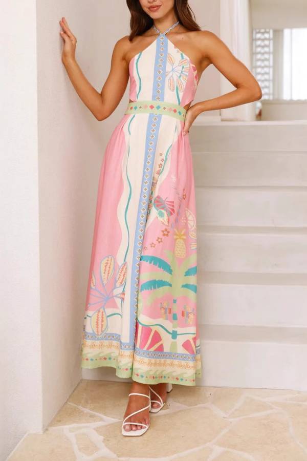 Tropical Print Halter Cutout Maxi Dress