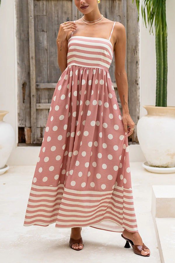 Striped Polka-dot Print Sling Pleated Open-back Maxi Dress Pink