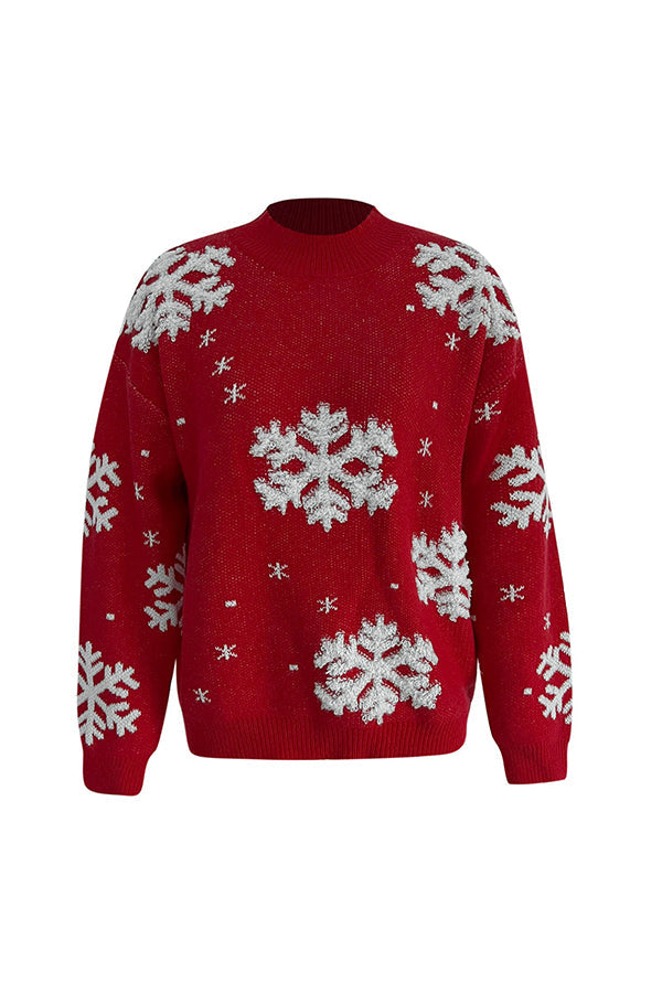 Turtleneck Christmas print knitted sweater Red