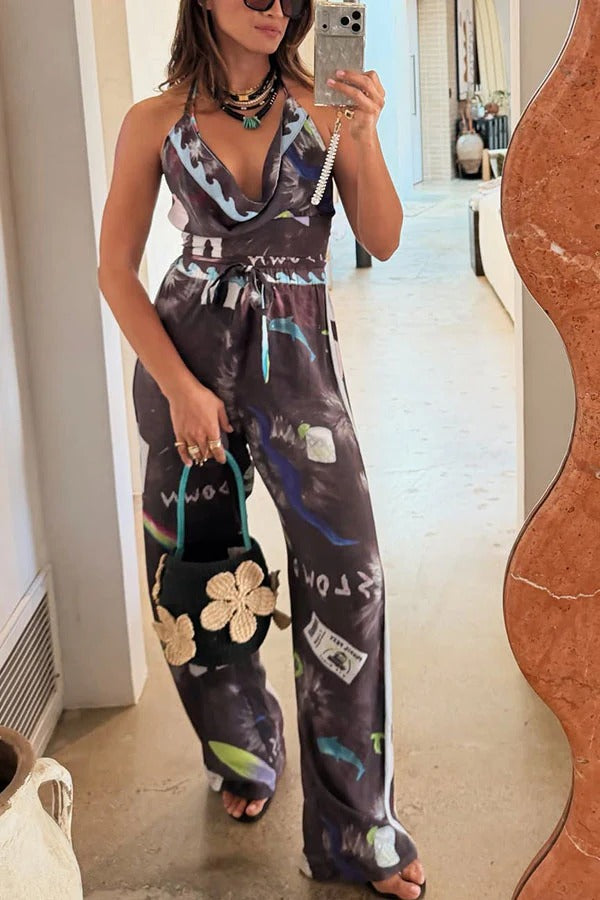 Street-style Print Cowl Neck Halter Tank and Elastic Waist Side Stripes Loose Pants Set