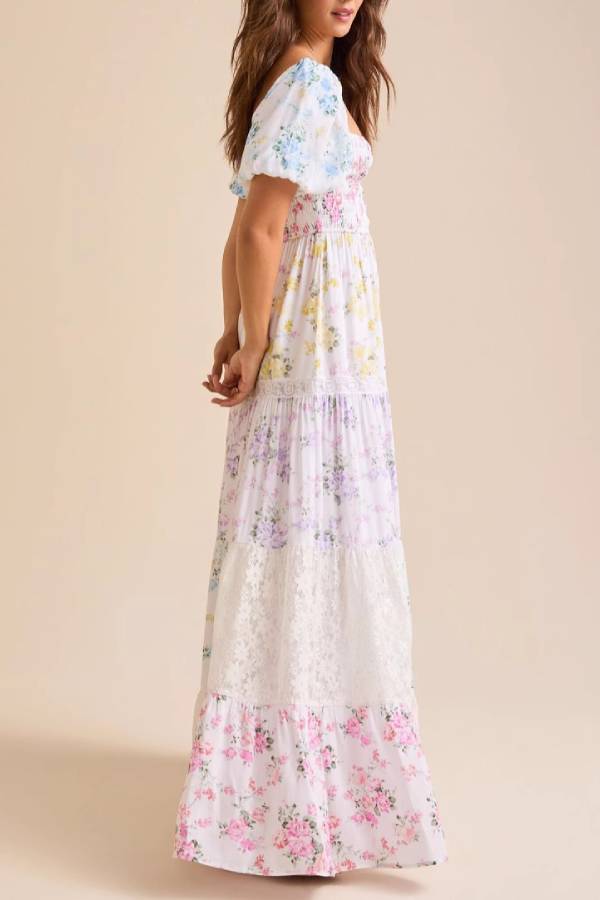 Colorful Floral Square Neck Puff Sleeve Lace Insert Tiered Maxi Dress