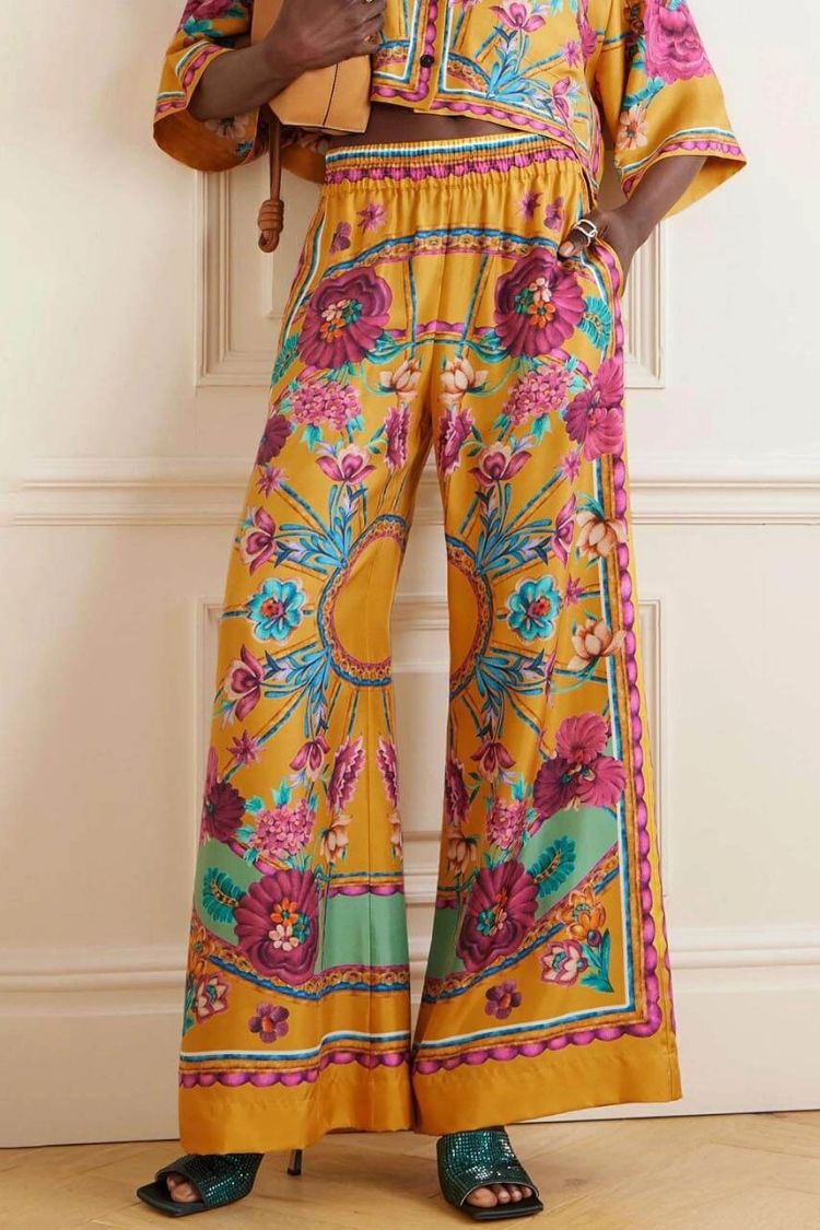 Sunset Cropped Unique Floral-Print Shirt And Loose Wide-Leg Pants